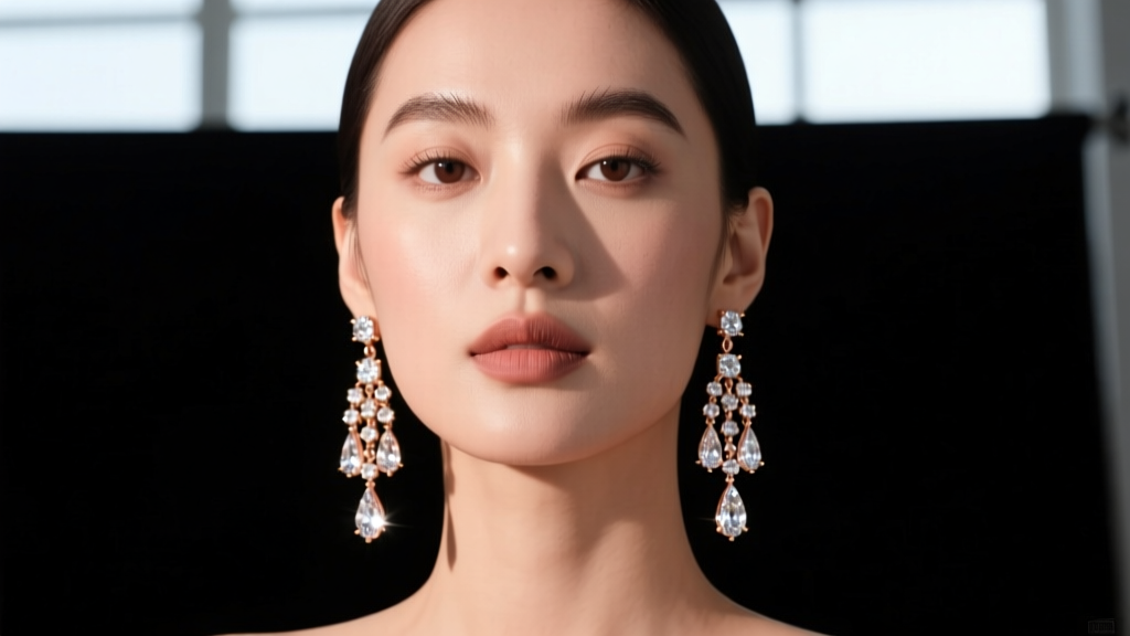 Close-up of a model wearing 18k rose gold chandelier earrings with cascading diamond teardrops against a moody dark studio backdrop