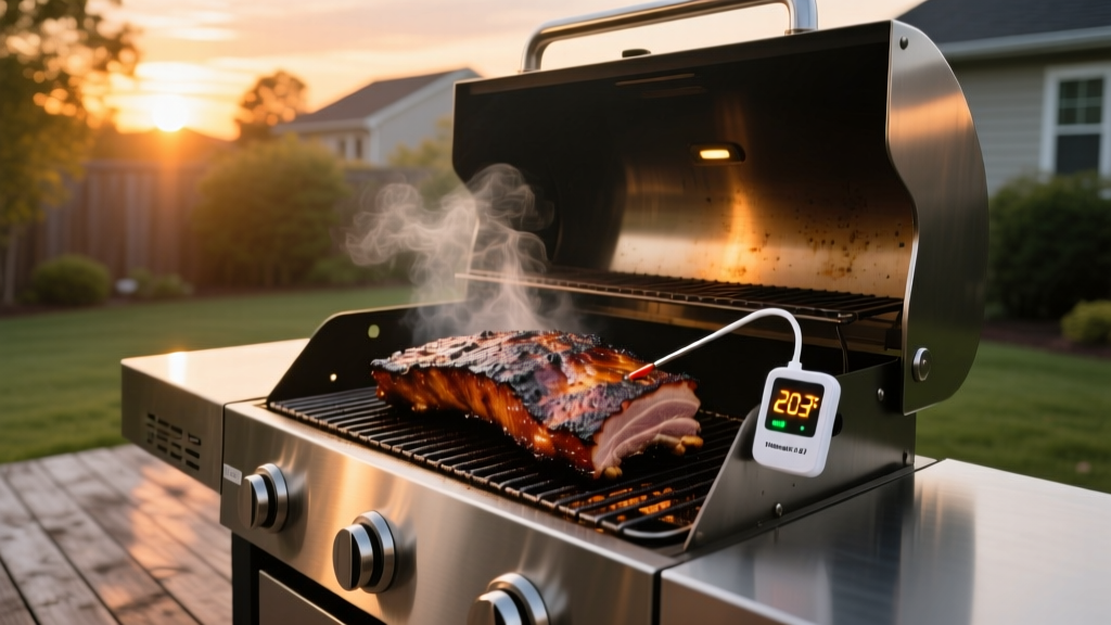 Backyard offset smoker with digital wireless meat thermometer probe in a brisket, glowing LED display showing 203F at sunset