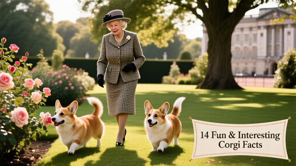 Queen Elizabeth II walking two Corgis in the garden at Buckingham Palace