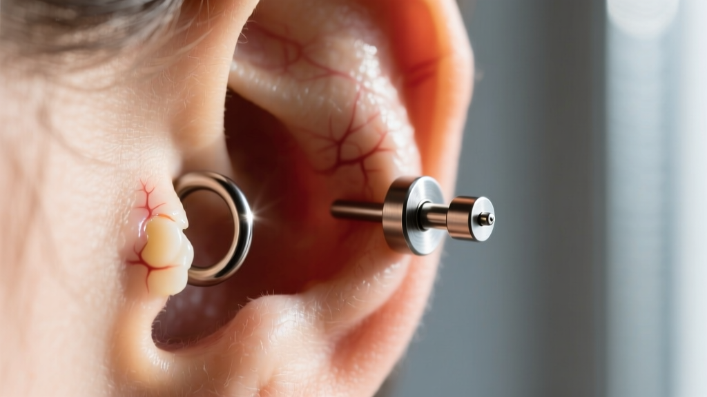 Macro photography of a 16-gauge titanium helix hoop and a flat-back labret showing precise 6mm spacing on healed ear cartilage.