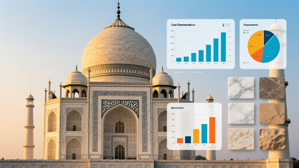Architectural blueprint overlaying the white marble dome of the Taj Mahal with modern construction cost estimation charts and stone material swatches