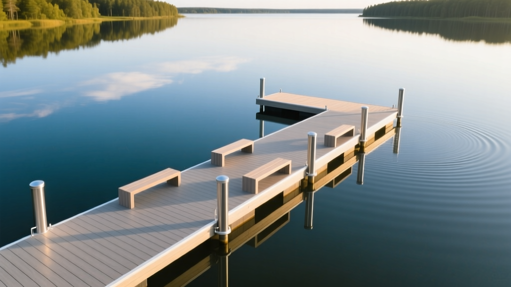 Aerial view of a composite decking dock extending into a calm lake with aluminum pilings and built-in bench seating