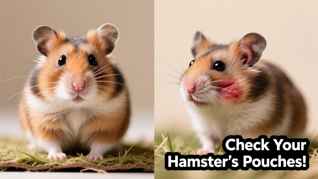 Side-by-side comparison showing a healthy hamster with symmetrical, relaxed cheeks versus one with visible unilateral swelling and discoloration
