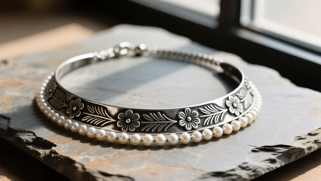 Hand-stamped sterling silver Navajo pearl lariat necklace on slate showing textured floral motifs and oxidized patina.