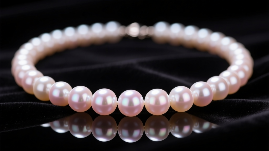 Macro shot of a genuine pearl necklace on dark velvet, showing sharp mirror-like luster and rosé overtones of round Akoya pearls.