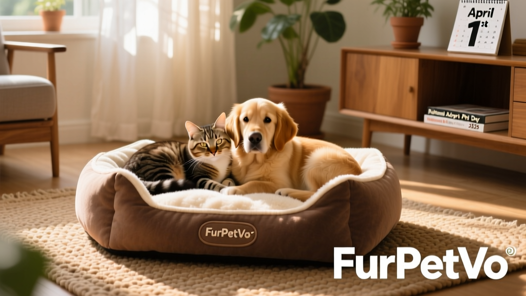 A cozy indoor scene showing a cat and dog peacefully resting side by side on a FurPetVo-branded pet bed, with soft lighting and natural textures