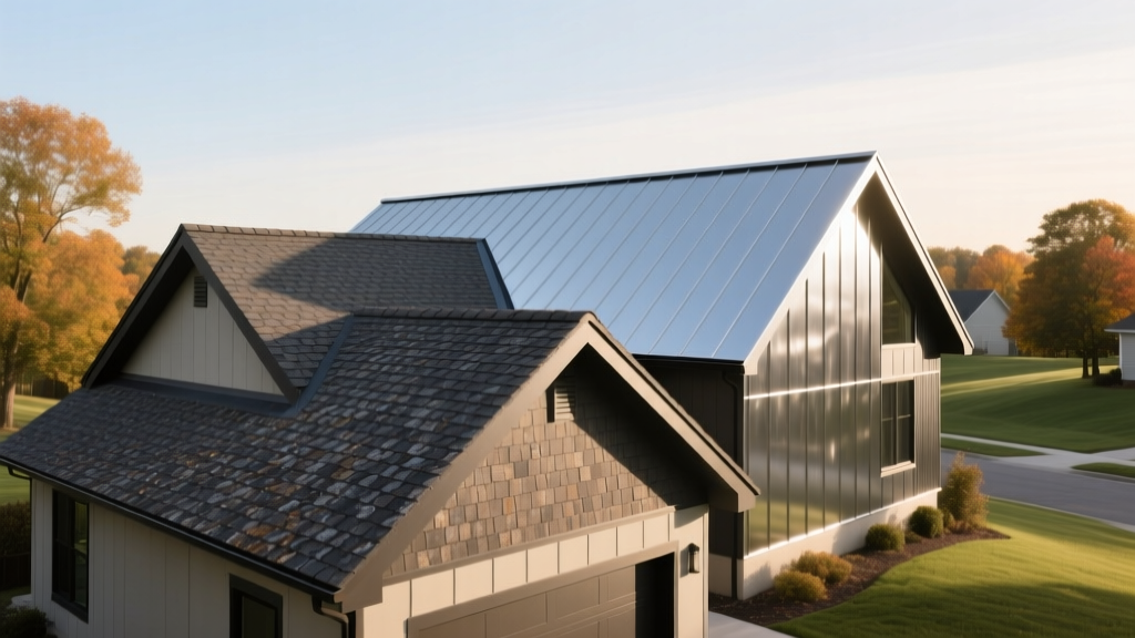 Architectural render showing traditional asphalt shingles transitioning to modern standing seam metal roofing on a home