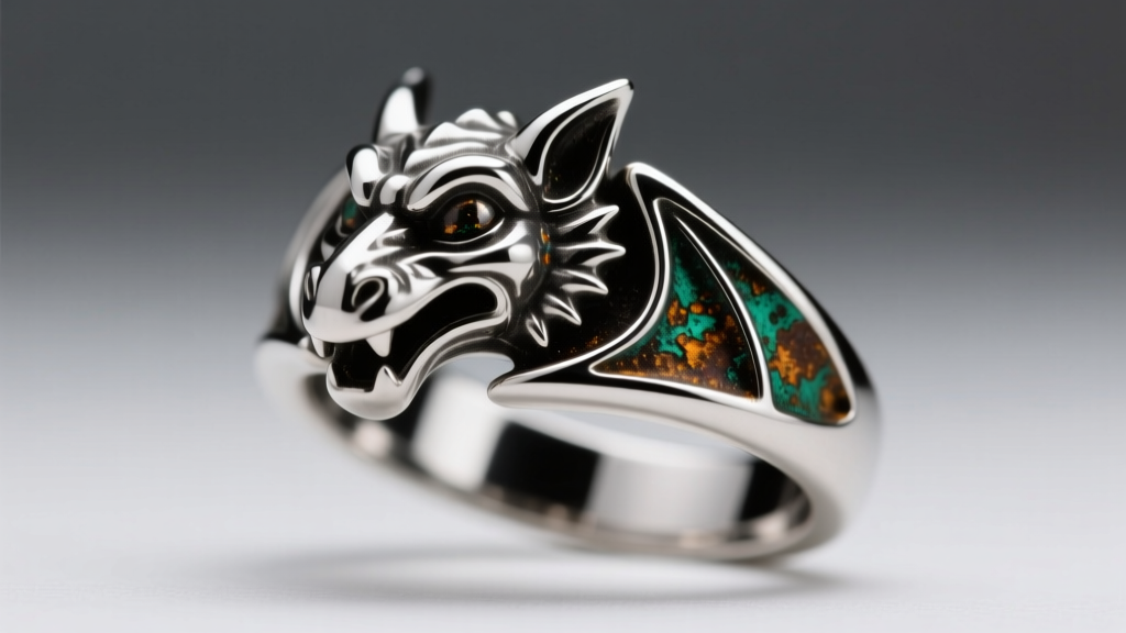 Macro shot of a silver gargoyle ring with dark sulfur patina in deep crevices and high-polish raised edges under bright light