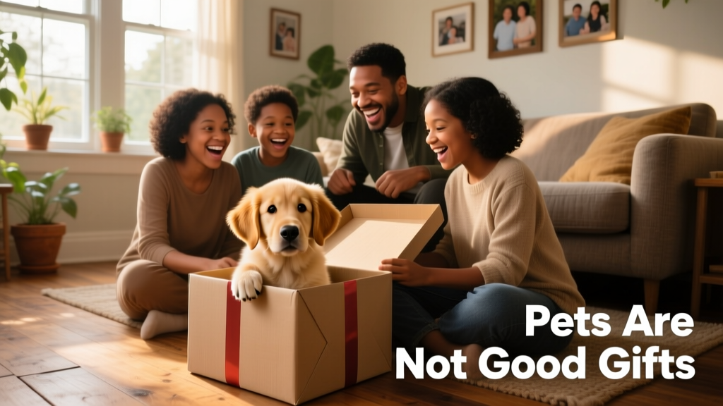 A family unwrapping a gift box with a curious puppy peeking out