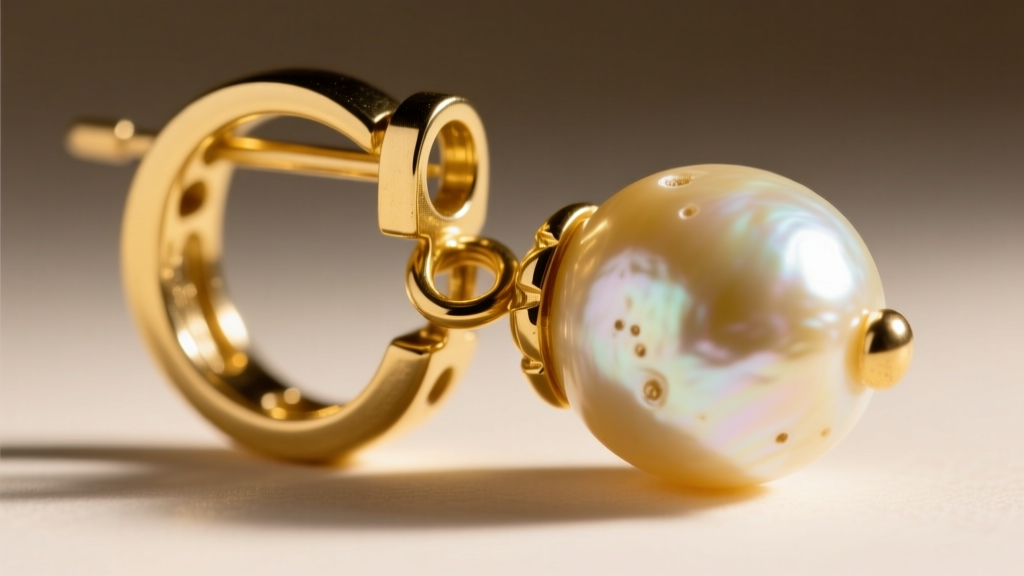 Detailed view of an 18-gauge 18k yellow gold omega earring back mechanism supporting a heavy vintage pearl drop earring.