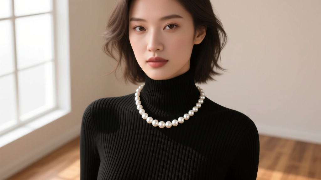 Woman wearing a 20-inch pearl pendant necklace over a black ribbed turtleneck sweater, illuminated by soft natural window light