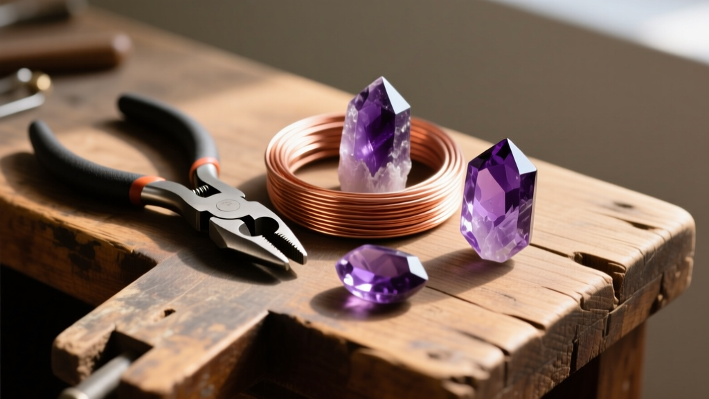 Flat-nose pliers, 20-gauge copper wire, and raw amethyst cabochons resting on a wooden jeweler bench in warm light.
