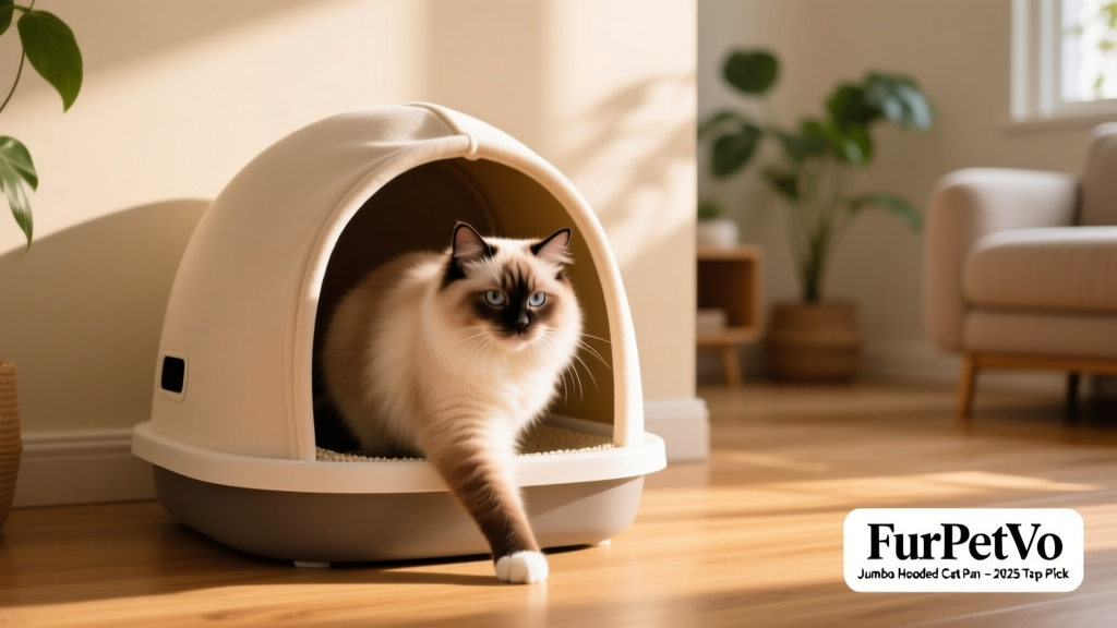 FurPetVo Jumbo Hooded Cat Pan in use, showing a Ragdoll cat entering comfortably through the front opening