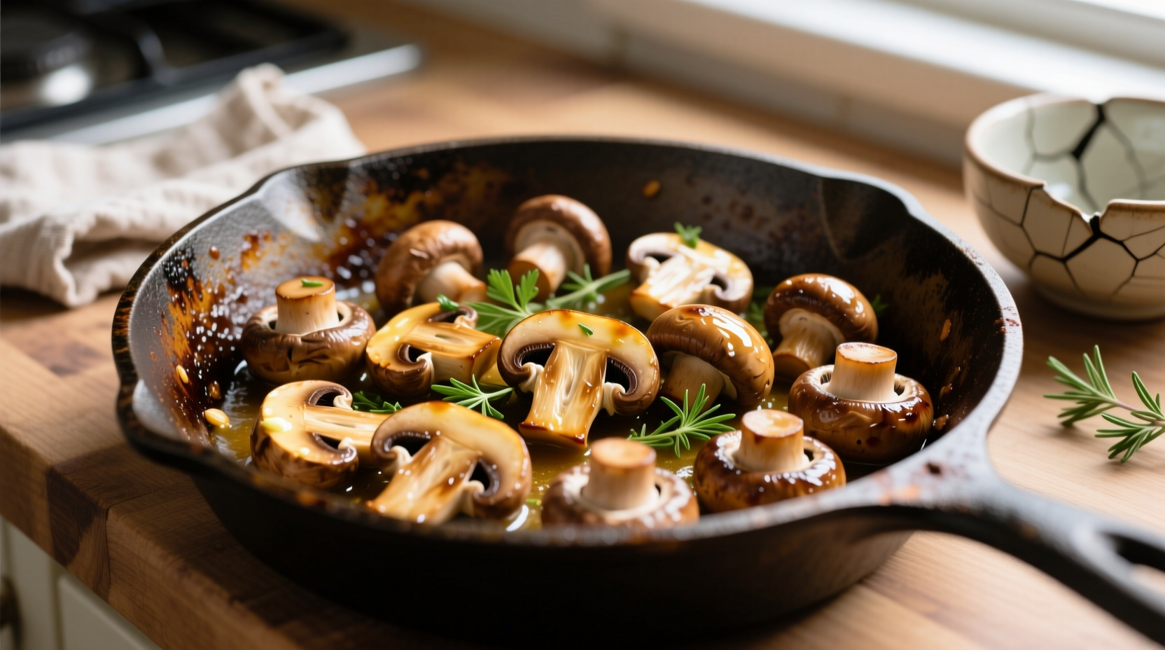 Golden brown sautéed mushrooms in cast iron skillet