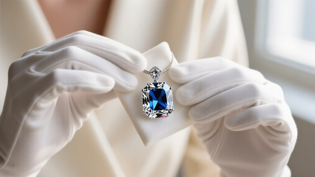 Hands in white cotton gloves gently wiping a delicate cubic zirconia fashion pendant with a dry, clean microfiber polishing cloth.