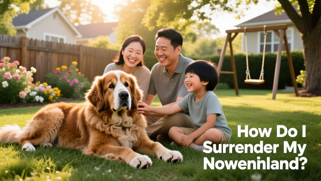 A calm, friendly Newfoundland resting beside a family in a sunlit backyard