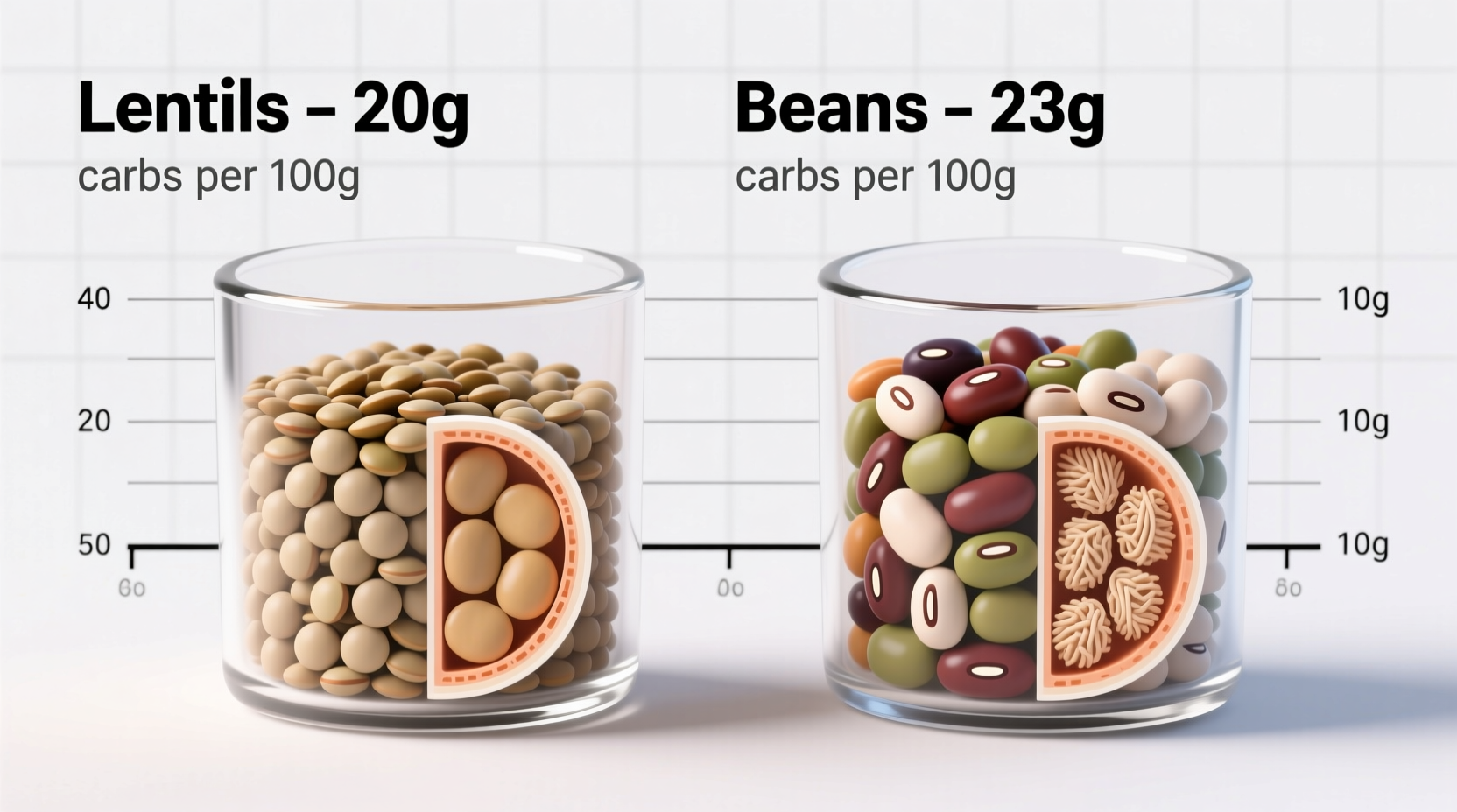 carbohydrate content of lentils and beans compared