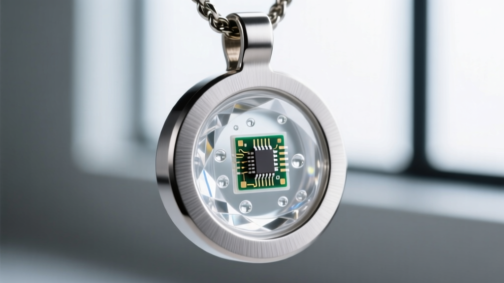 Macro photography of a micro-LED pendant casing made of brushed titanium, showing the tiny SMD diode and transparent epoxy resin