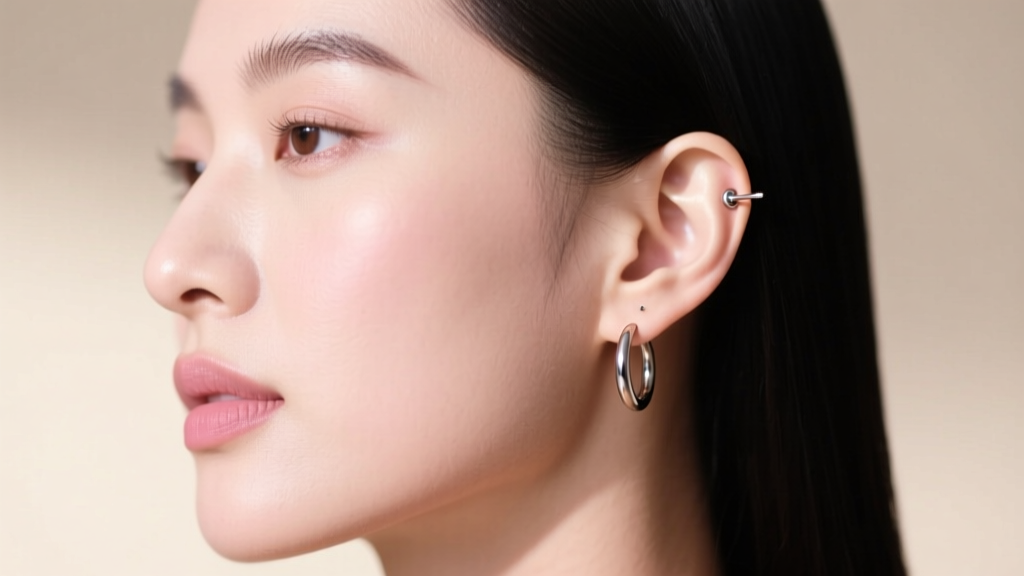Side profile of a woman wearing lightweight titanium huggie earrings, highlighting the hypoallergenic post on a healed earlobe.