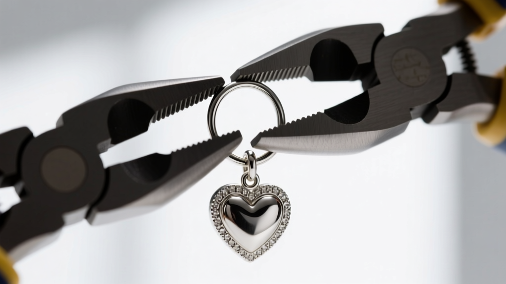Close-up of flat-nose pliers twisting open a 4mm sterling silver jump ring attached to a delicate heart pendant bail for repair