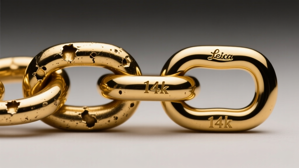 Macro shot of a dented hollow gold chain link beside a pristine solid die-struck 14k gold link under bright studio lighting.
