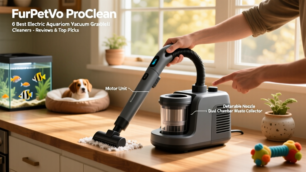 FurPetVo ProClean TurboVac with labeled parts: motor unit, detachable nozzle, and dual-chamber waste collector