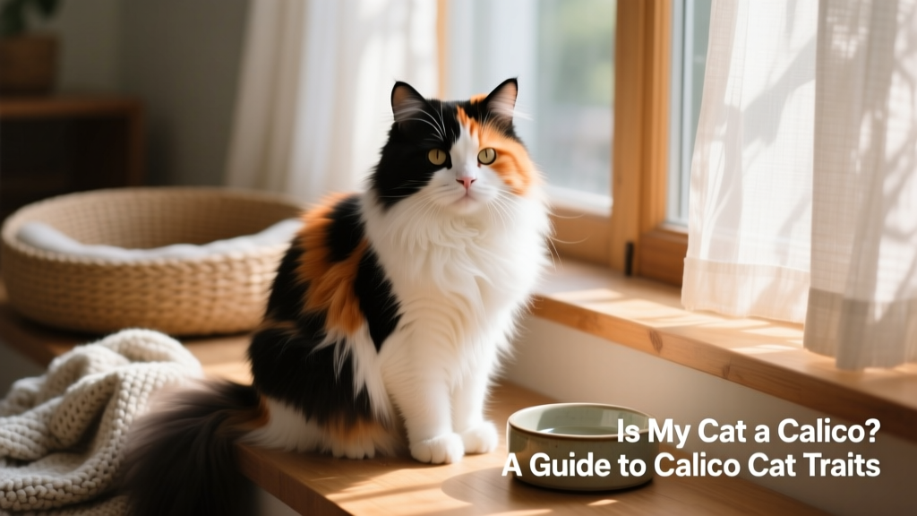A fluffy calico Persian cat sitting serenely with its round face and long, tri-colored fur