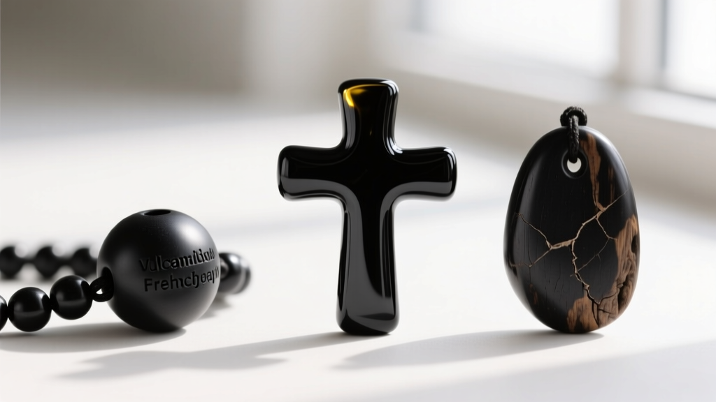 Macro photo comparing three black materials: a matte vulcanite rosary bead, a glossy French jet glass cross, and a bog oak pendant.