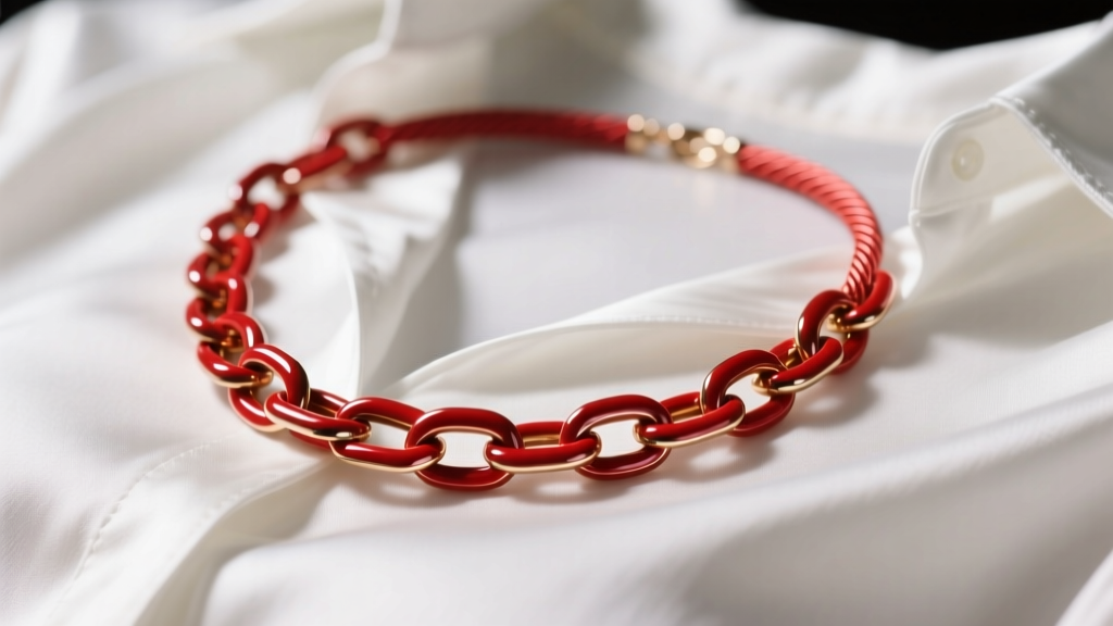 Vibrant red cold-enamel cable chain necklace on a white silk blouse, highlighting the glossy finish and 2mm links in soft light.