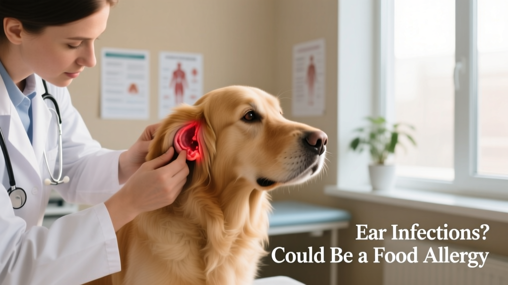 Veterinarian gently examining a dog’s ears during a clinical exam—highlighting how ear infections often accompany food allergies