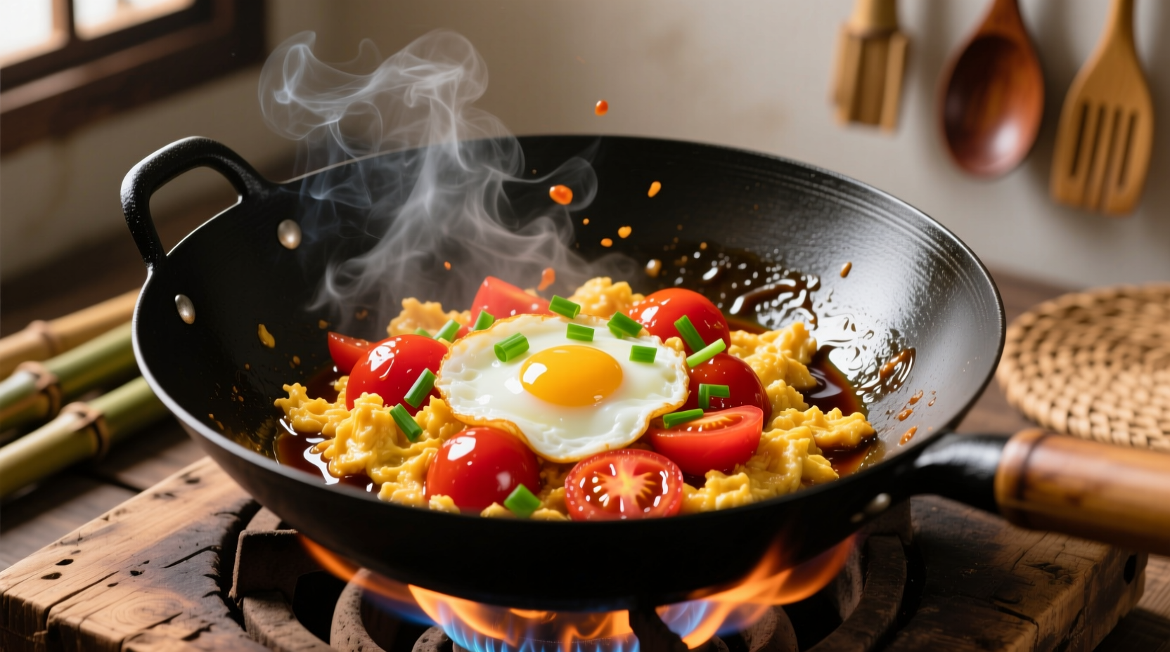 Chinese tomato egg stir-fry in wok with fluffy eggs