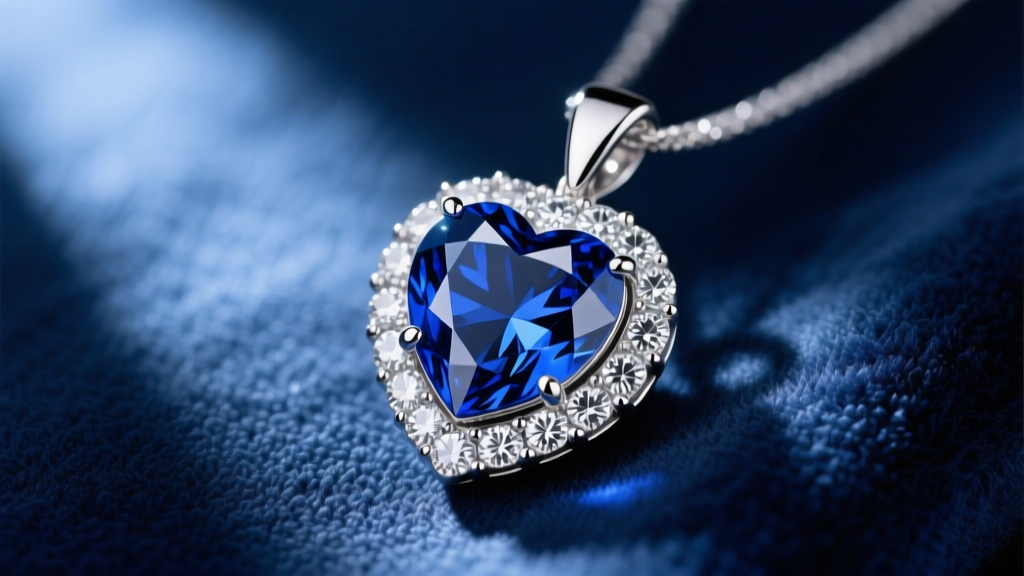 Close-up of a heart-cut blue sapphire pendant surrounded by a diamond halo on a platinum chain, resting on dark blue velvet