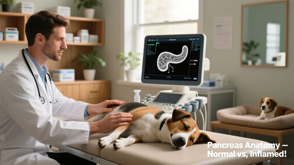 Veterinarian performing an abdominal ultrasound on a sedated dog, with screen showing pancreas anatomy