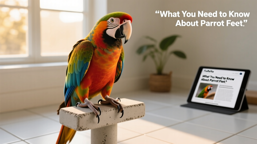 Parrot standing confidently on a FurPetVo concrete pedicure perch