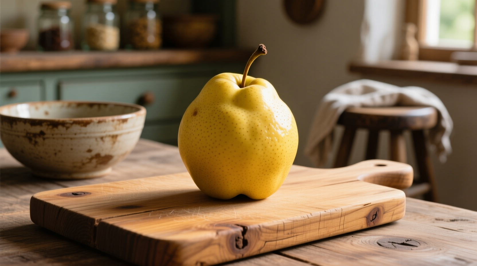 Ripe quince fruit on wooden cutting board