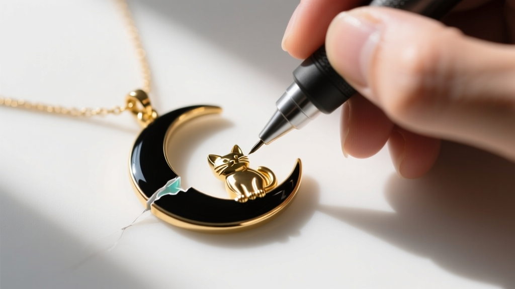 Hands using a precision UV resin pen to fill a chipped black enamel section on a gold-plated crescent moon and cat pendant