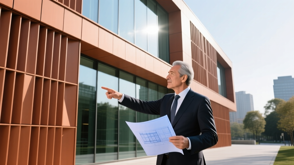 Architect pointing at a modern building facade featuring terracotta rain screens and glass curtain walls while holding blueprints.