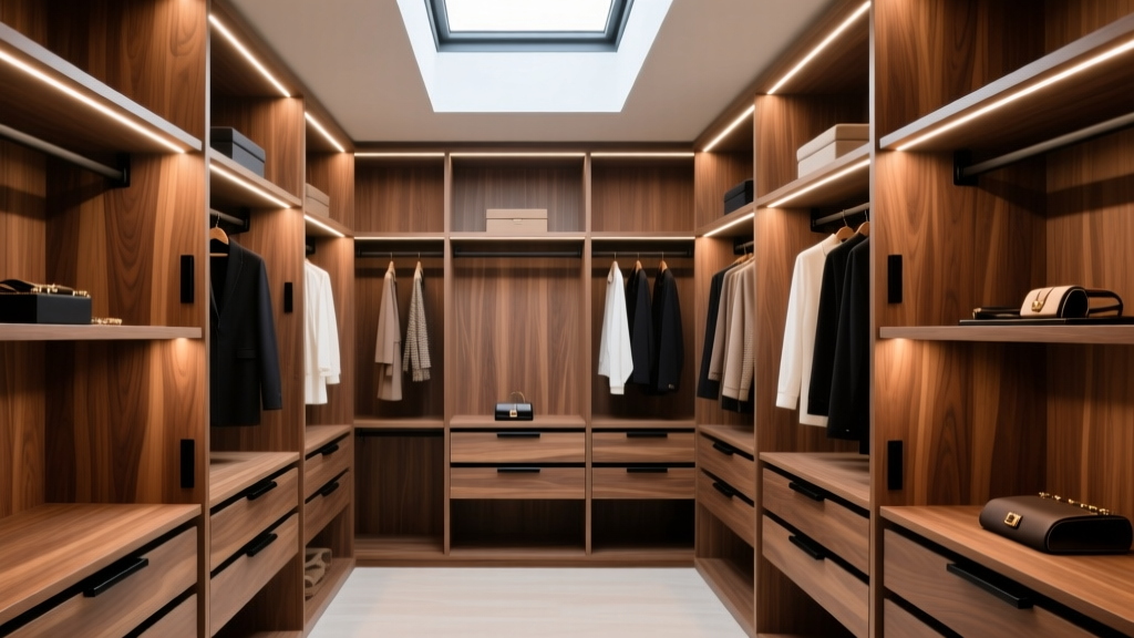 Modern walk-in closet featuring warm walnut veneer plywood shelving, matte black hardware, and integrated LED lighting