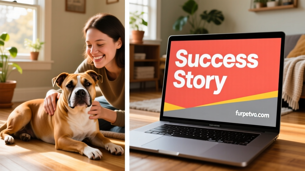 Side-by-side photos: a calm American Staffordshire Terrier resting beside a smiling adopter, and a 'Success Story' banner on furpetvo.com