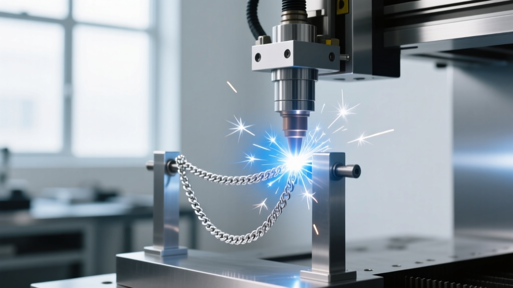 Modern jewelry laser welding machine emitting a bright spark onto a delicate platinum rope chain held securely in a metal jig.