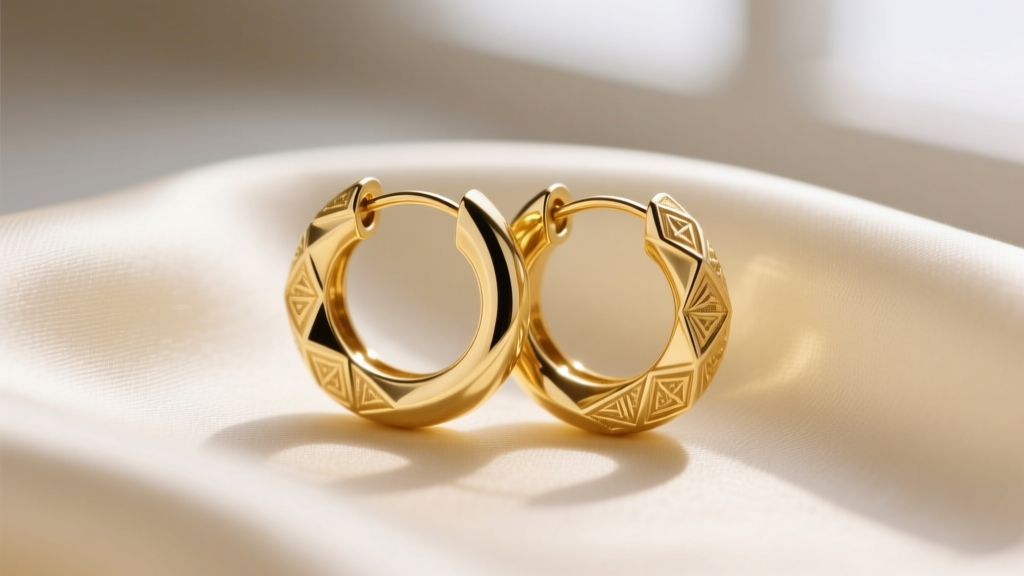 Macro shot of two interlocking 14k yellow gold hoop earrings resting on cream silk fabric under soft natural window lighting