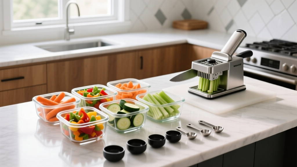 Overhead view of budget kitchen counter with glass meal prep containers, vegetable chopper, and magnetic measuring spoons for batch cooking