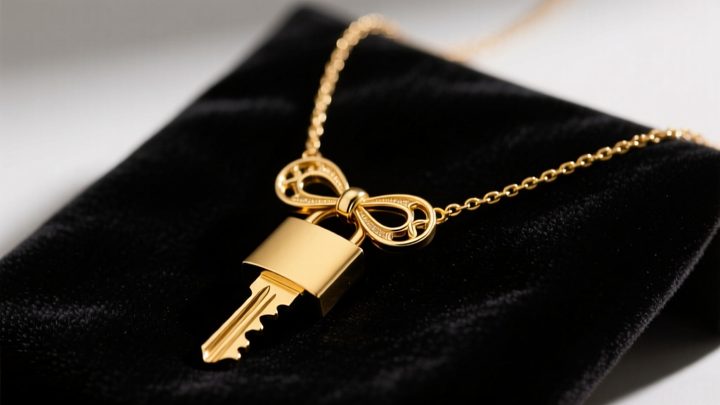 14k yellow gold padlock key necklace on dark velvet, soft studio lighting highlighting the intricate key teeth and bow details.