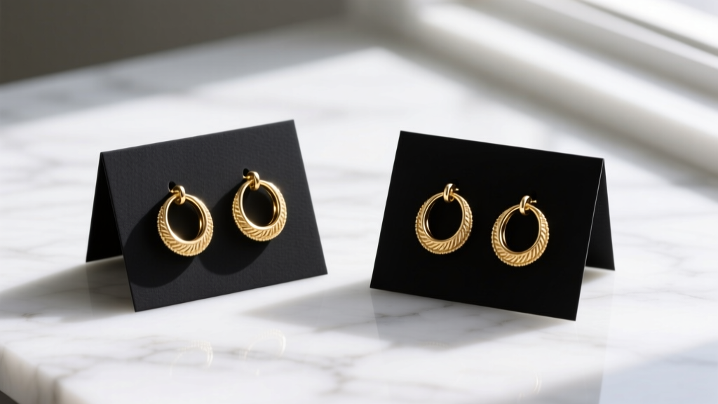 Close-up of 24pt matte black cotton-rag jewelry display cards holding delicate 18k gold hoop earrings on a white marble surface.