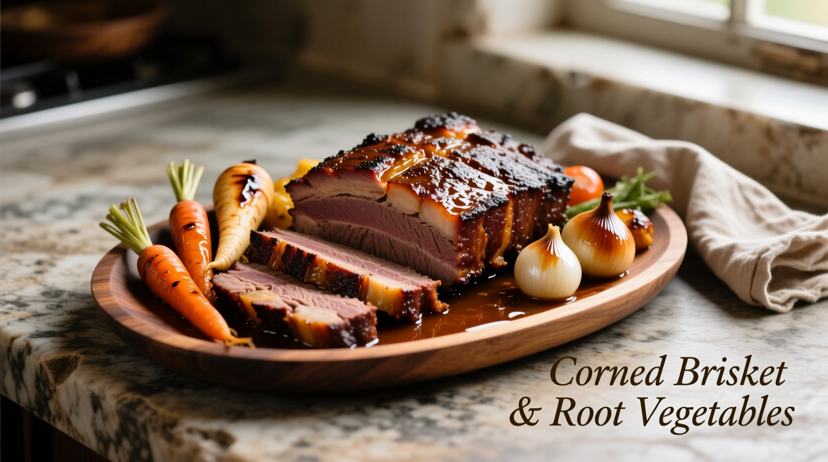 Perfectly cooked corned brisket with vegetables on platter