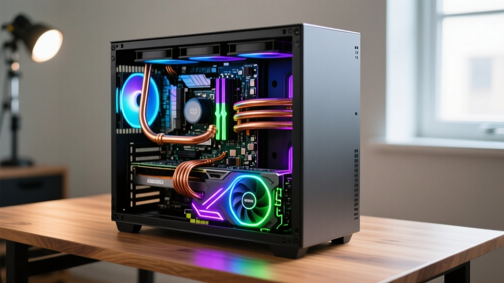 Custom PC build on a wooden desk showing an ATX motherboard, copper cooling tubes, and an RGB graphics card under bright lighting