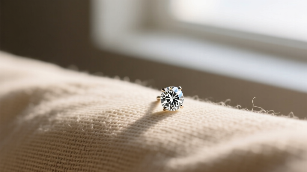 Macro photo of a 3 mm round diamond stud earring on textured beige linen, illuminated by soft, diffused natural window lighting.