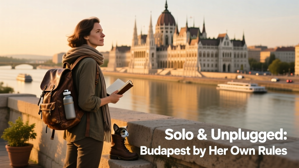 A solo female traveler standing outside the Hungarian Parliament Building, with the Danube River in the background