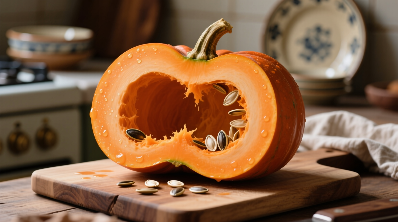 Fresh sugar pumpkin cut in half with seeds removed