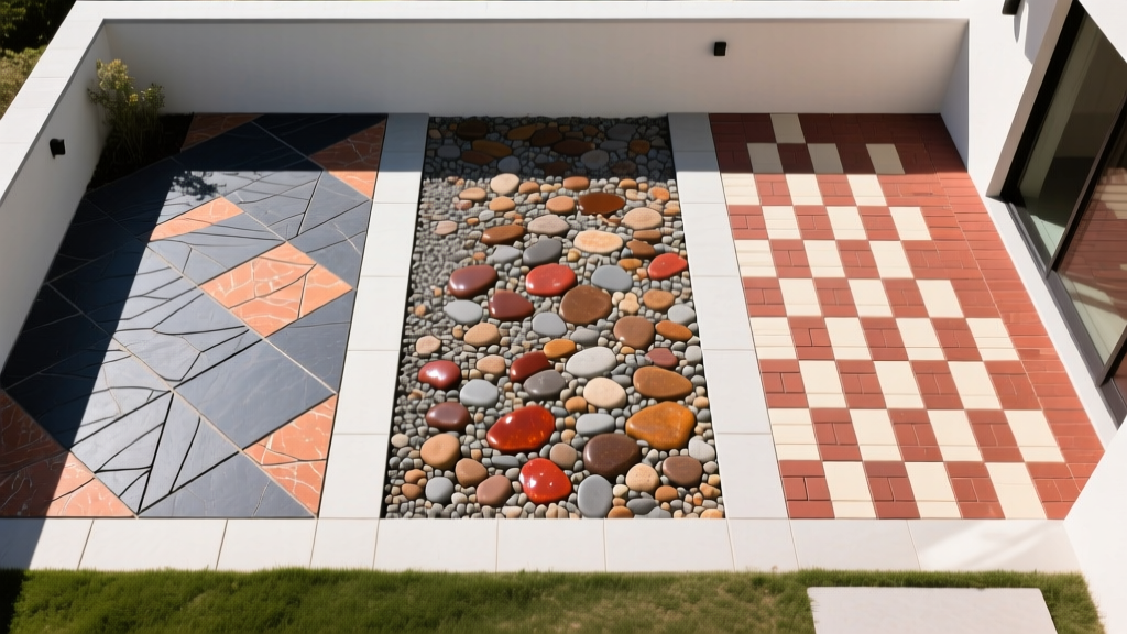 Top-down view of a patio divided into three sections showing stamped slate concrete, exposed aggregate, and interlocking brick pavers.